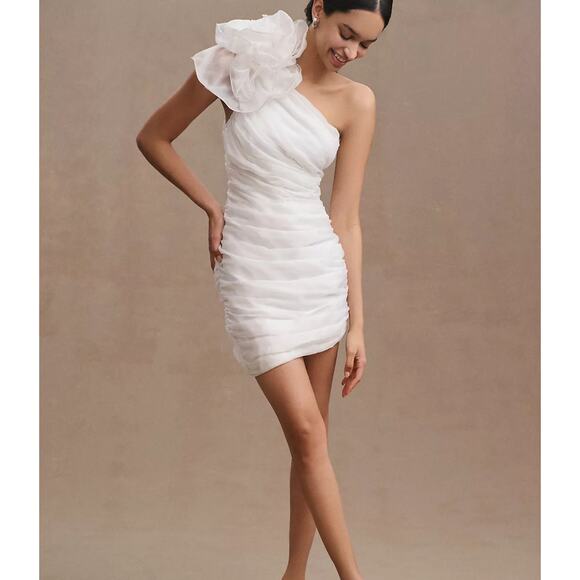 NEW BHLDN x Anthropologie Louisa One-Shoulder Rosette Mini Dress Ivory size 10 - Picture 1 of 12